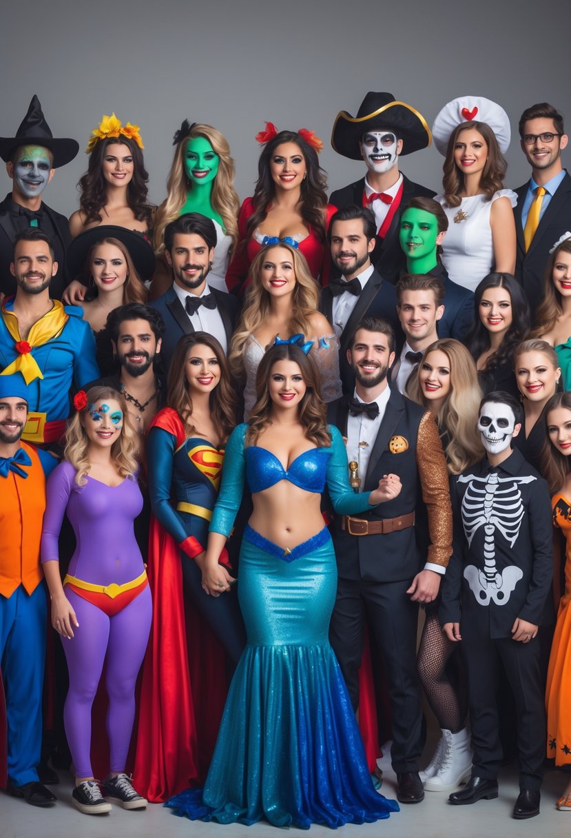 A group of 25 couples dressed in various Halloween costumes posing together and smiling.