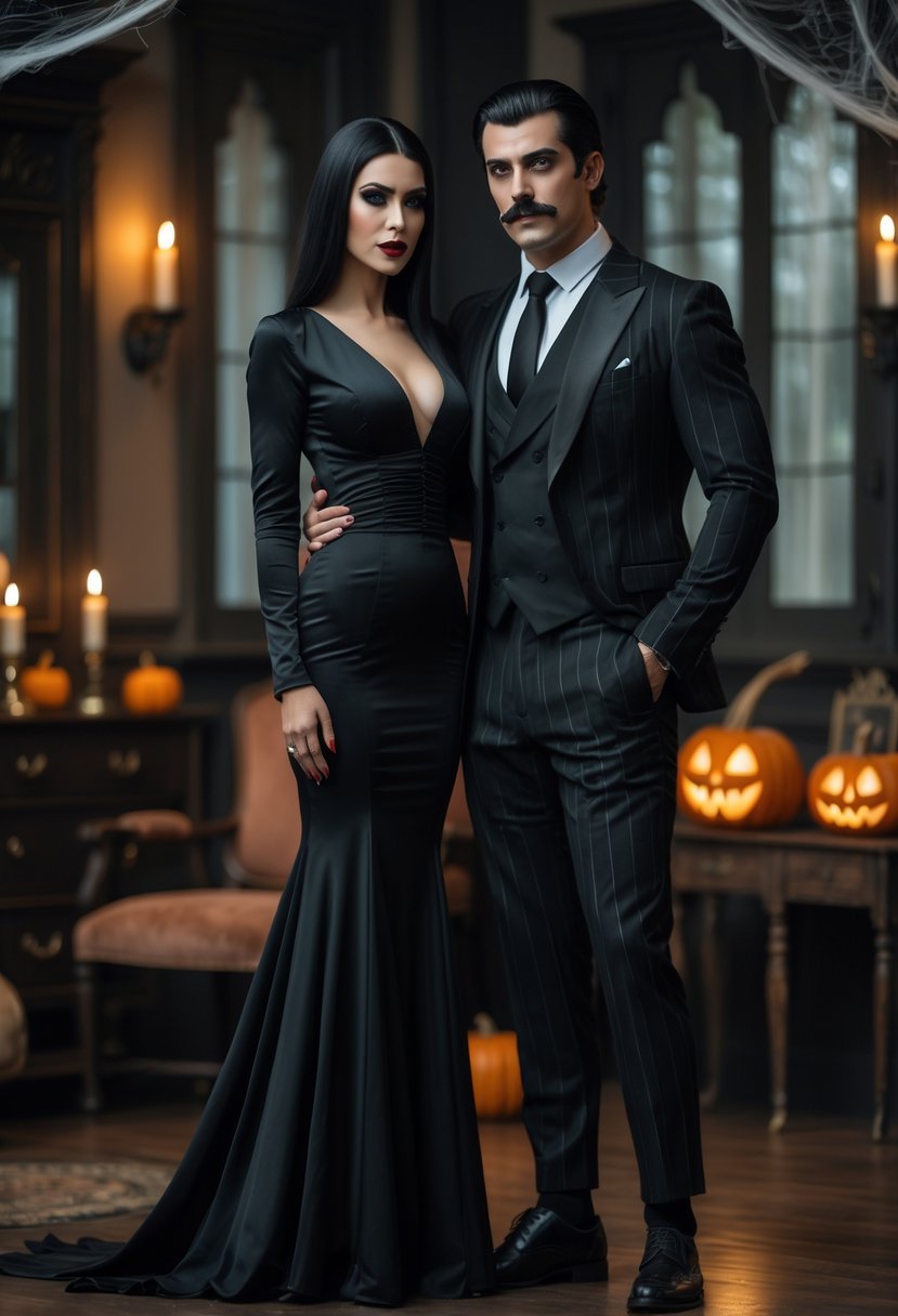 A couple dressed as Morticia and Gomez Addams standing together in a dimly lit room with gothic decor.