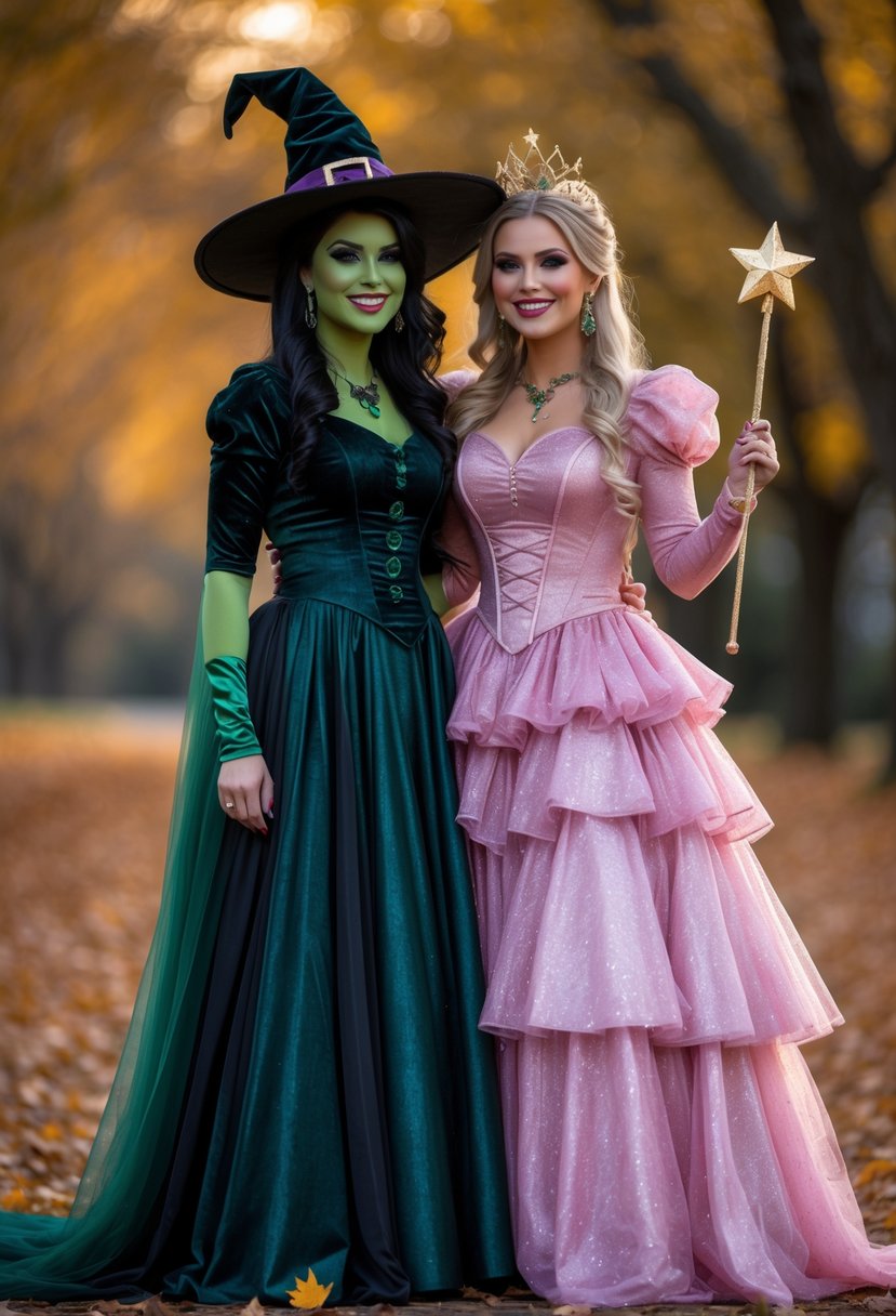 A couple dressed as Elphaba and Glinda from Wicked in Halloween costumes standing outdoors among autumn leaves.
