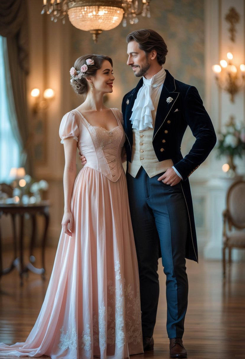A couple dressed in elegant 19th-century costumes standing close together in a decorated ballroom.