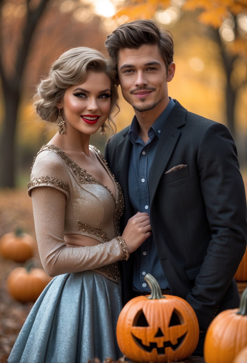 A young couple dressed in coordinated Halloween costumes stands outdoors surrounded by fall leaves and pumpkins, smiling and looking happy together.
