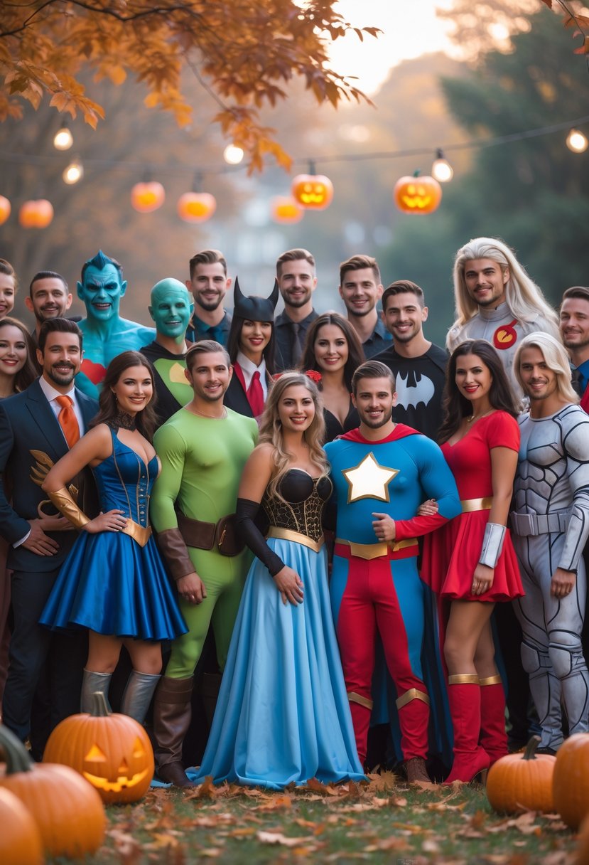 A group of 25 couples dressed in various Halloween costumes posing together outdoors with autumn decorations.