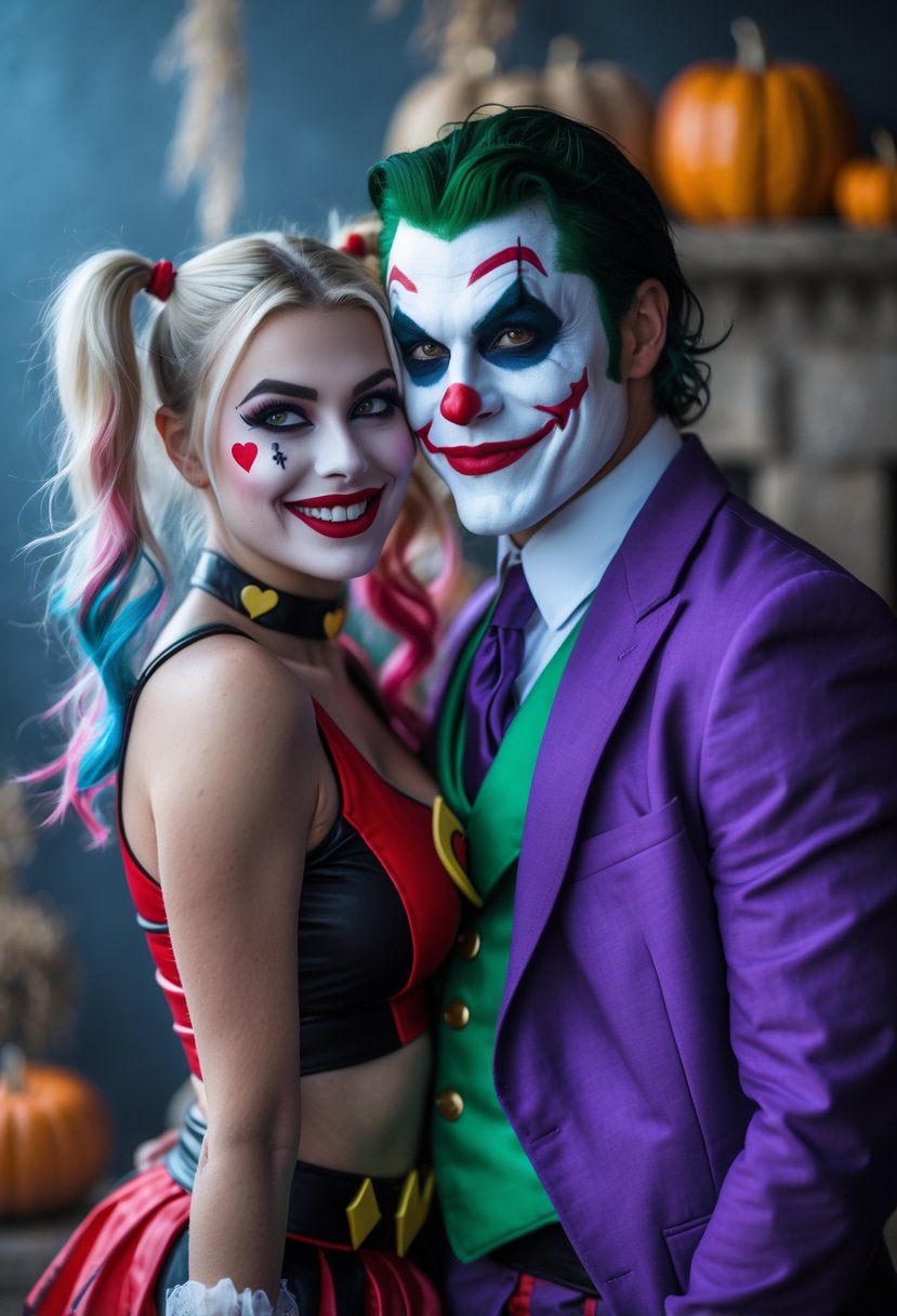 A couple dressed as Harley Quinn and The Joker standing together in Halloween costumes with festive decorations in the background.