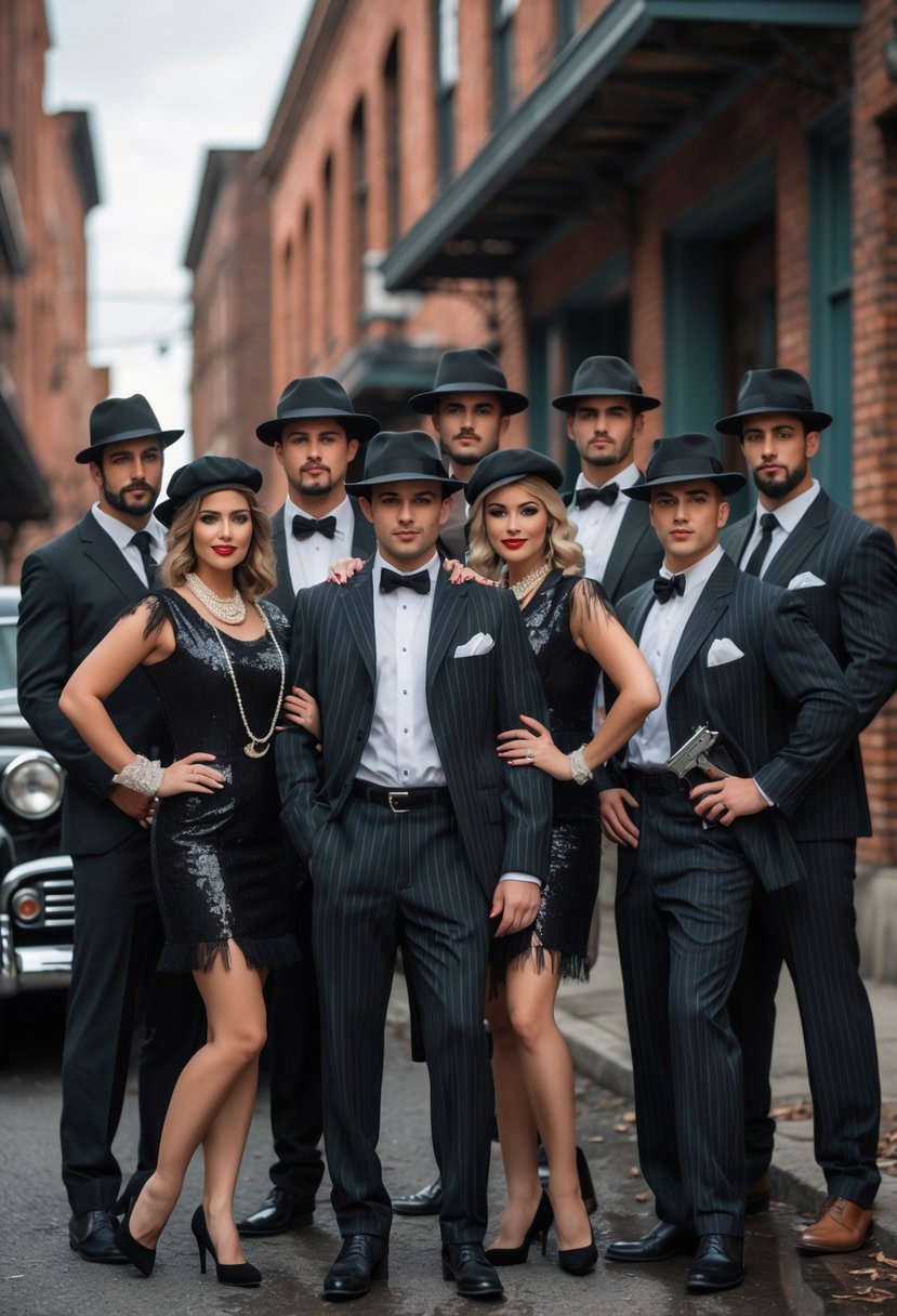 A group of 25 couples dressed as Bonnie and Clyde in vintage 1930s gangster costumes posing together outdoors.