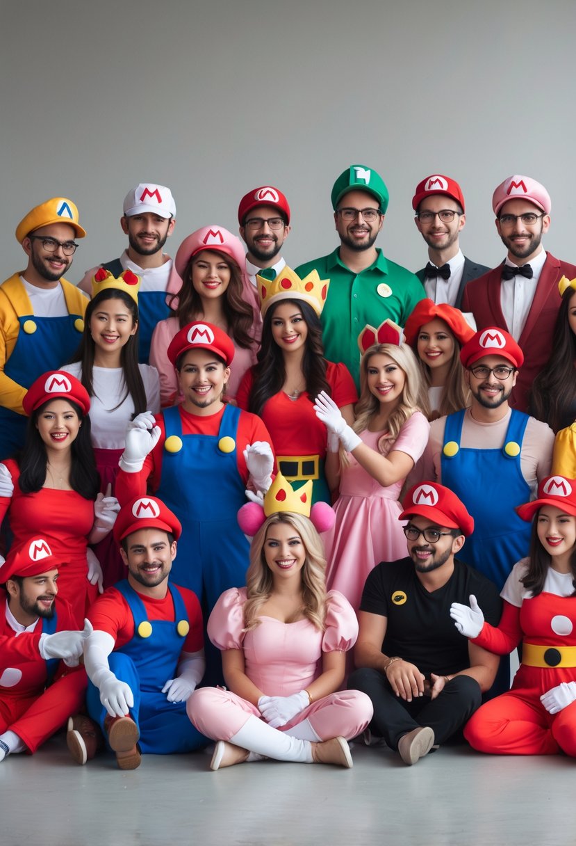 A group of 25 couples dressed in various Mario and Princess Peach Halloween costumes posing together in a studio.