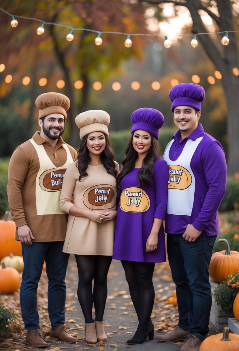 A group of couples dressed in peanut butter and jelly-themed Halloween costumes standing outdoors with fall decorations.