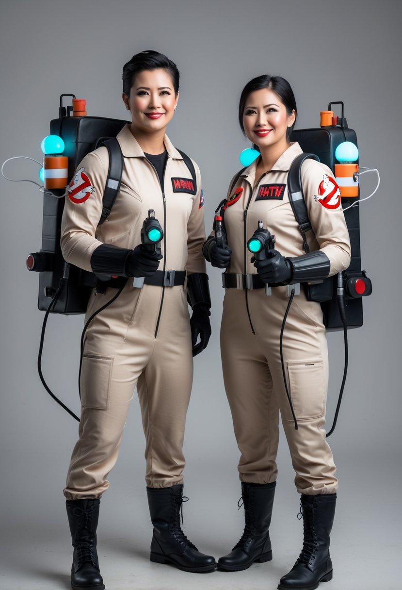A couple dressed in matching Ghostbusters costumes with proton packs, standing side by side and holding proton guns.