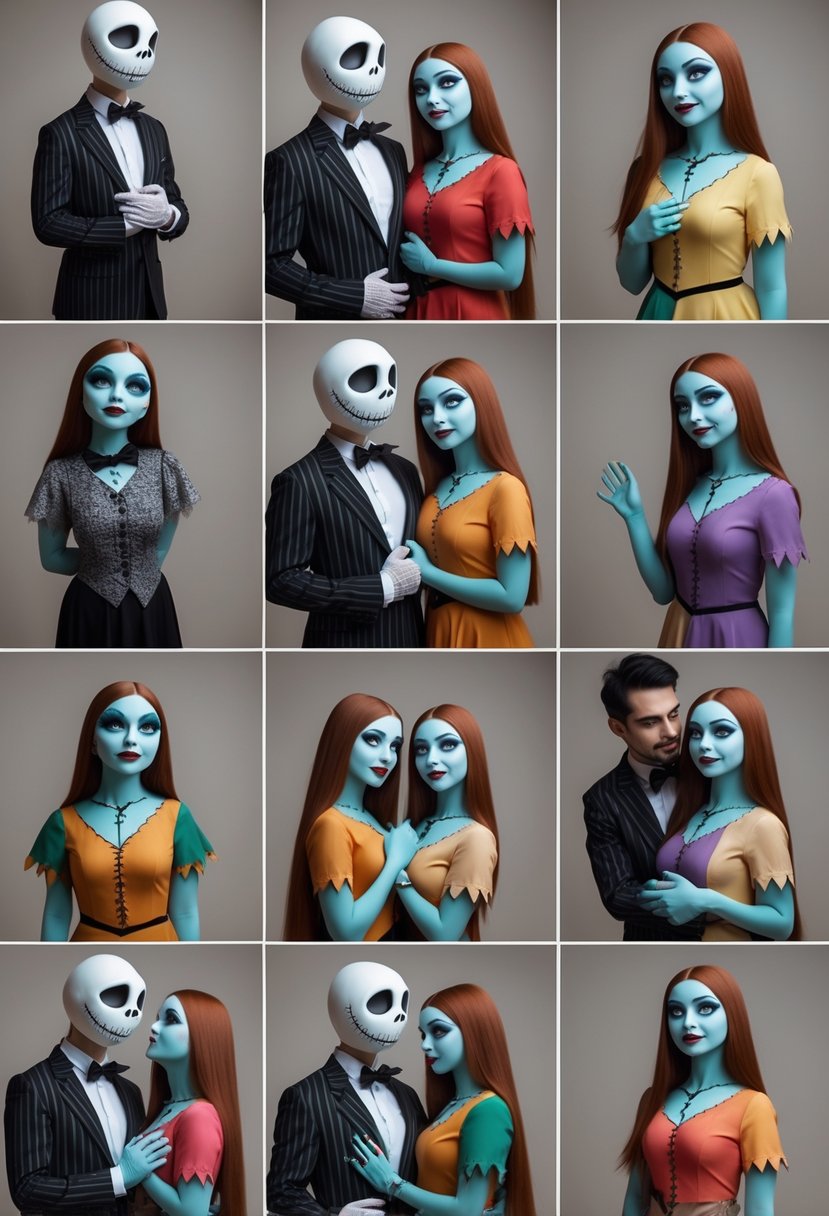 A couple dressed in various Halloween costumes inspired by Jack Skellington and Sally, posing together in different outfits.