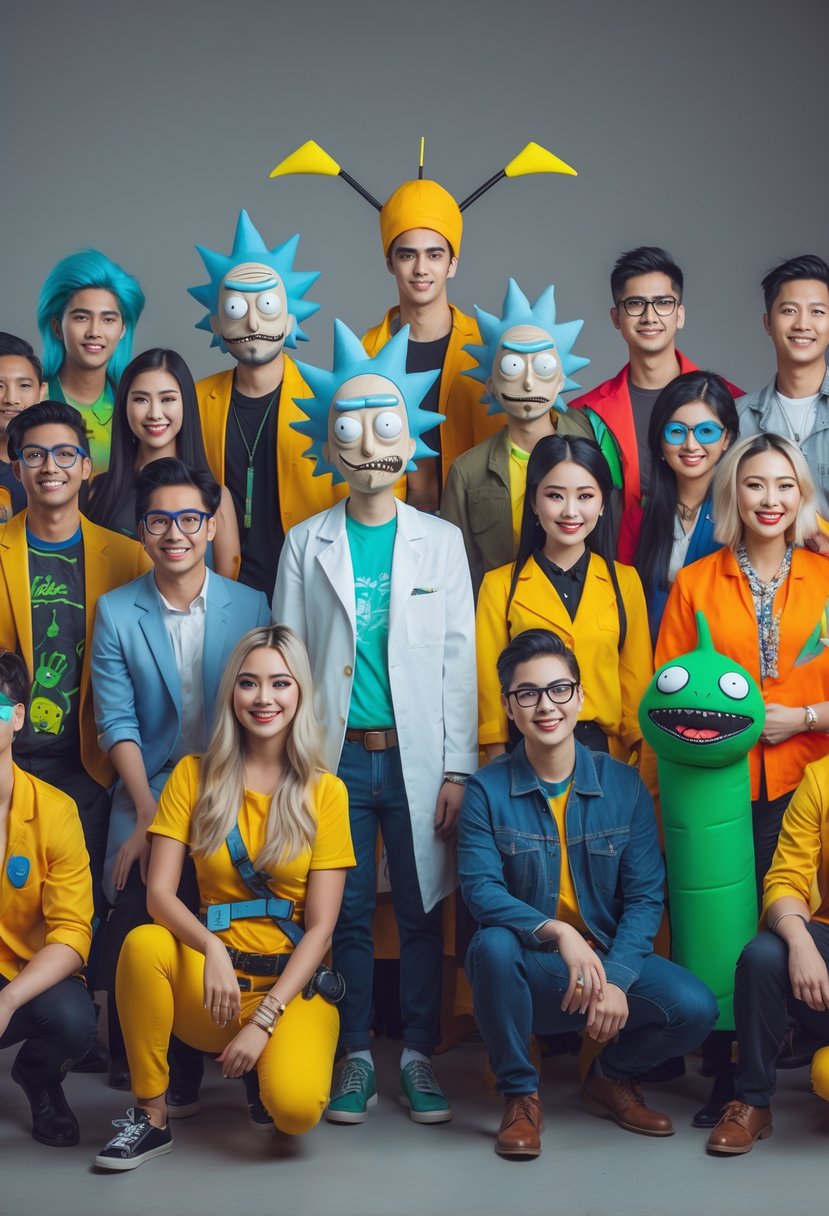 A group of 25 couples dressed in various Rick and Morty Halloween costumes posing together in a studio.