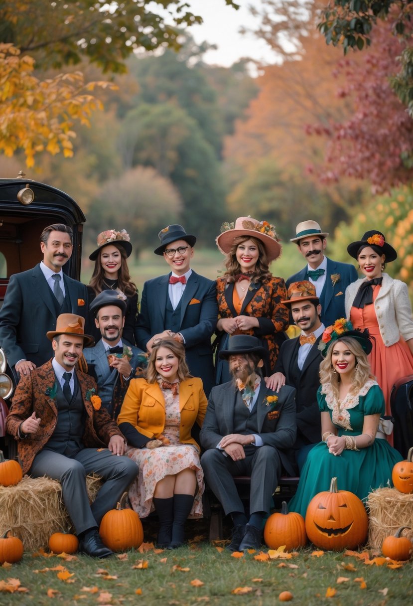 Twenty-five couples dressed in creative Halloween costumes inspired by Harold and Maude, posing outdoors with autumn leaves and pumpkins.