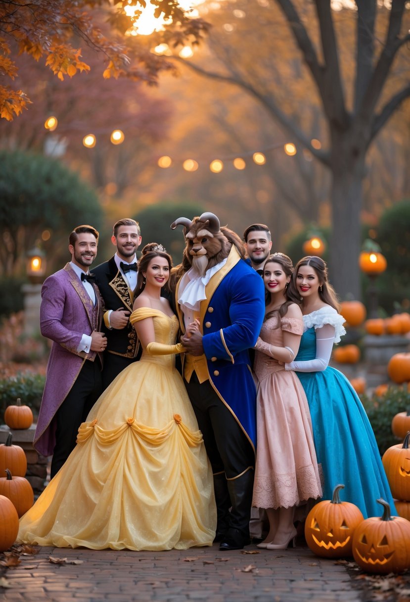Twenty-five couples dressed in Beauty and the Beast themed Halloween costumes posing together outdoors with autumn decorations.