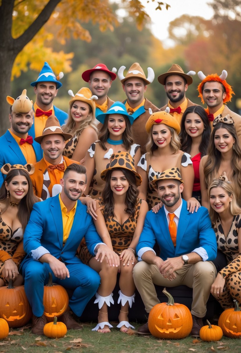 A group of couples dressed in various Fred and Wilma Flintstone inspired Halloween costumes posing outdoors with autumn decorations.