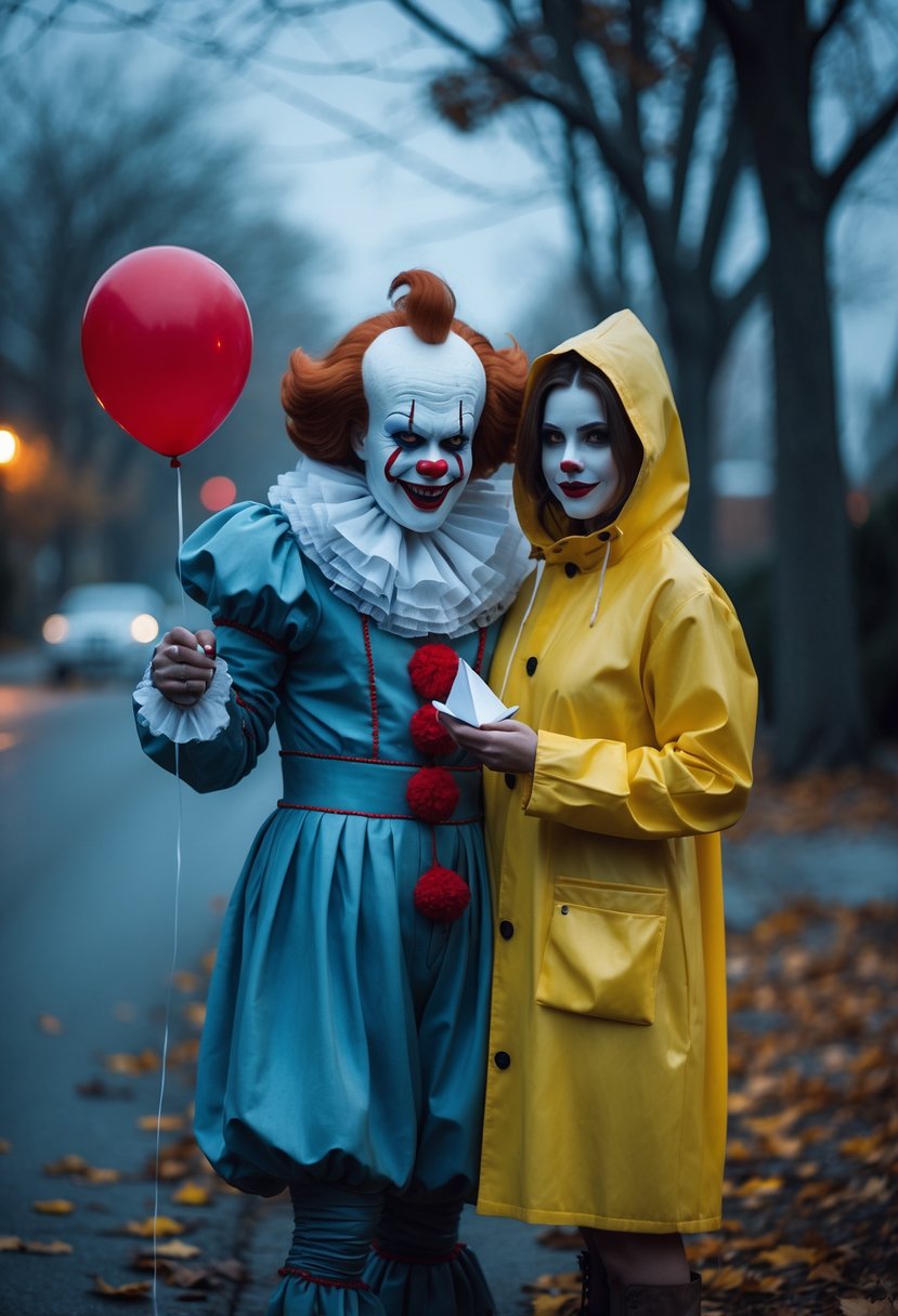 A couple dressed as Pennywise the clown and Georgie in a yellow raincoat standing outdoors on a foggy autumn evening with fallen leaves around them.