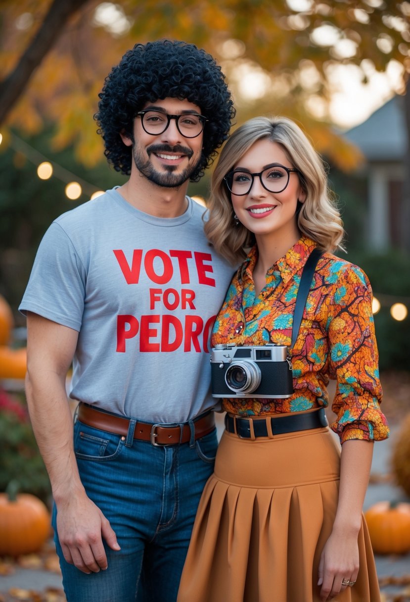A couple dressed in Halloween costumes inspired by Napoleon Dynamite and Deb standing outdoors with pumpkins and fall leaves around them.