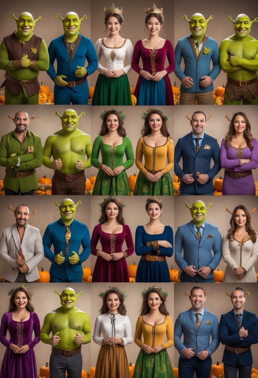 A couple posing in 25 different Halloween costumes inspired by Shrek and Fiona, showing various themed outfits and festive decorations.