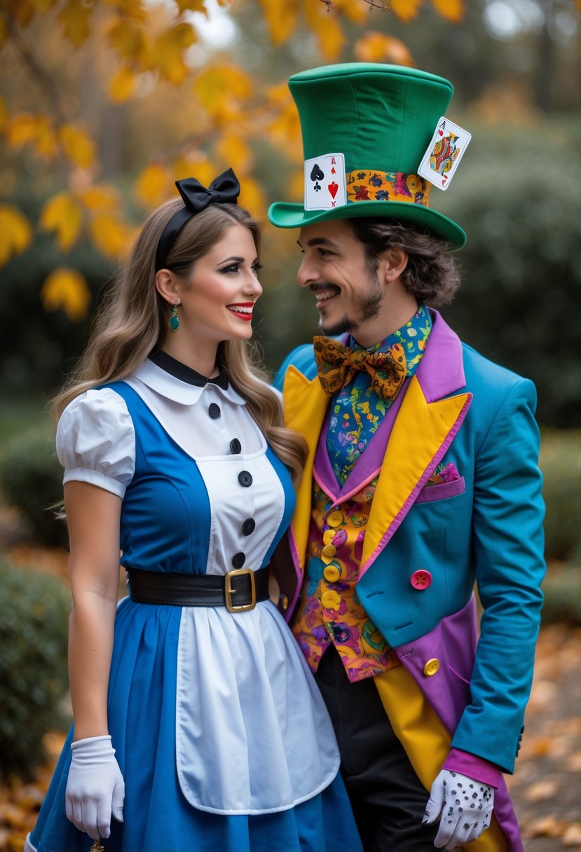 A couple dressed as Alice and the Mad Hatter in Halloween costumes standing outdoors surrounded by autumn leaves.