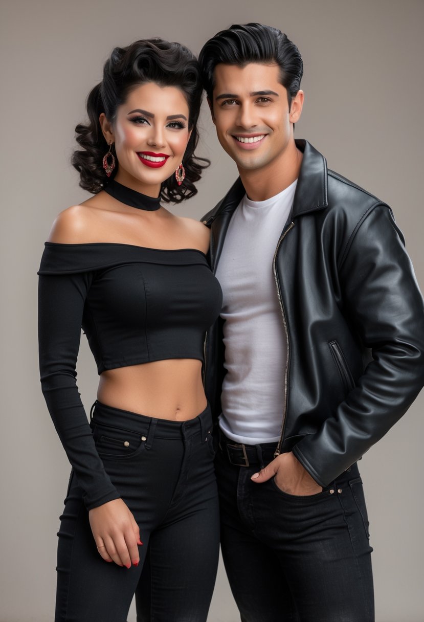 A couple dressed as Sandy and Danny from Grease in 1950s style outfits, standing close and smiling.
