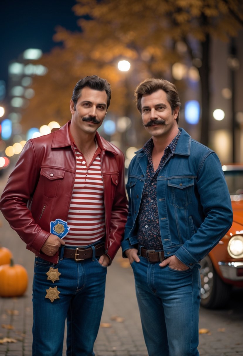 Two adults dressed as Starsky and Hutch standing together outdoors at night with Halloween decorations and a vintage car in the background.