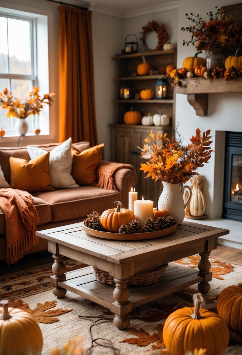 A cozy living room decorated with autumn-themed items including pumpkins, candles, throw blankets, and fall flowers near a window and fireplace.