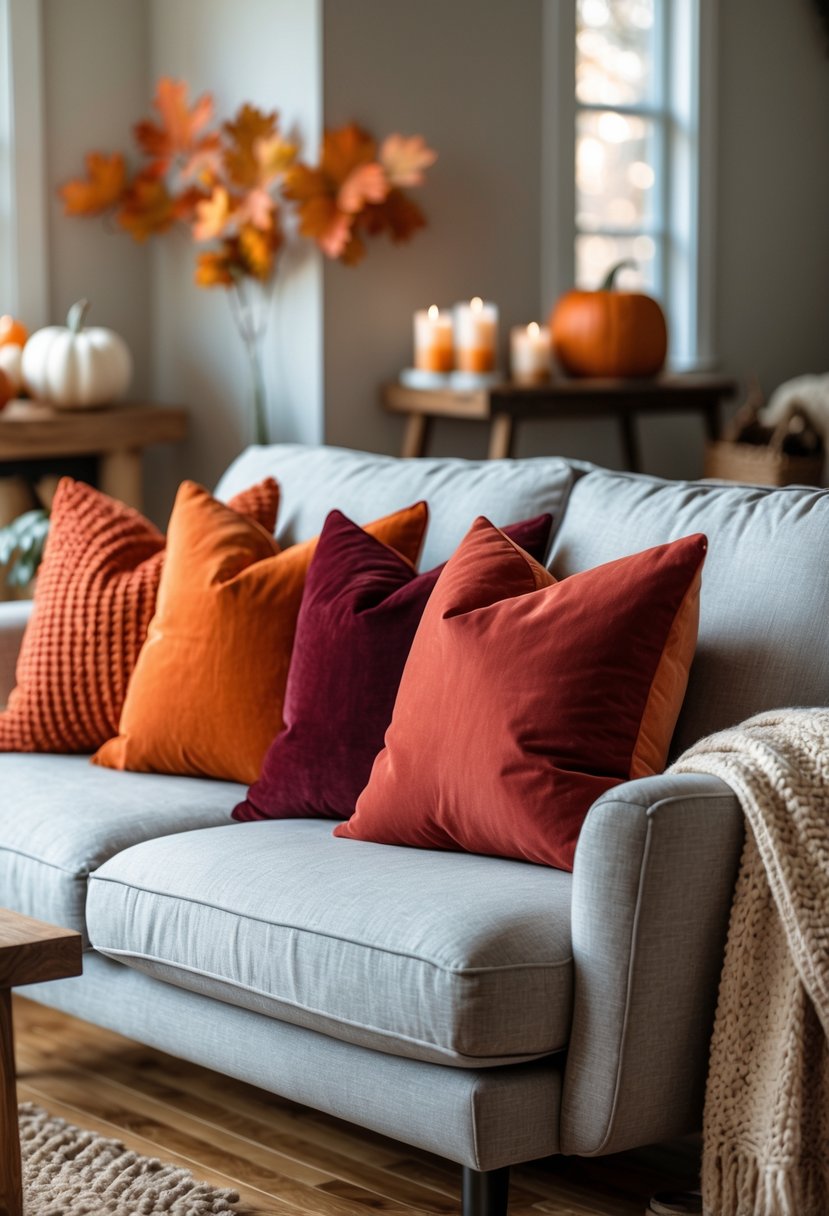 A living room sofa with burnt orange and deep red throw pillows surrounded by autumn decorations like pumpkins and candles.