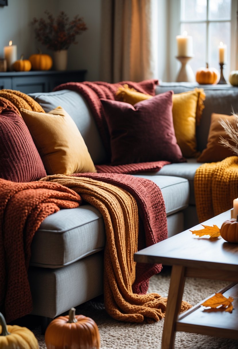 A living room with sofas covered in warm-colored knit blankets and autumn-themed decorations on a wooden table.