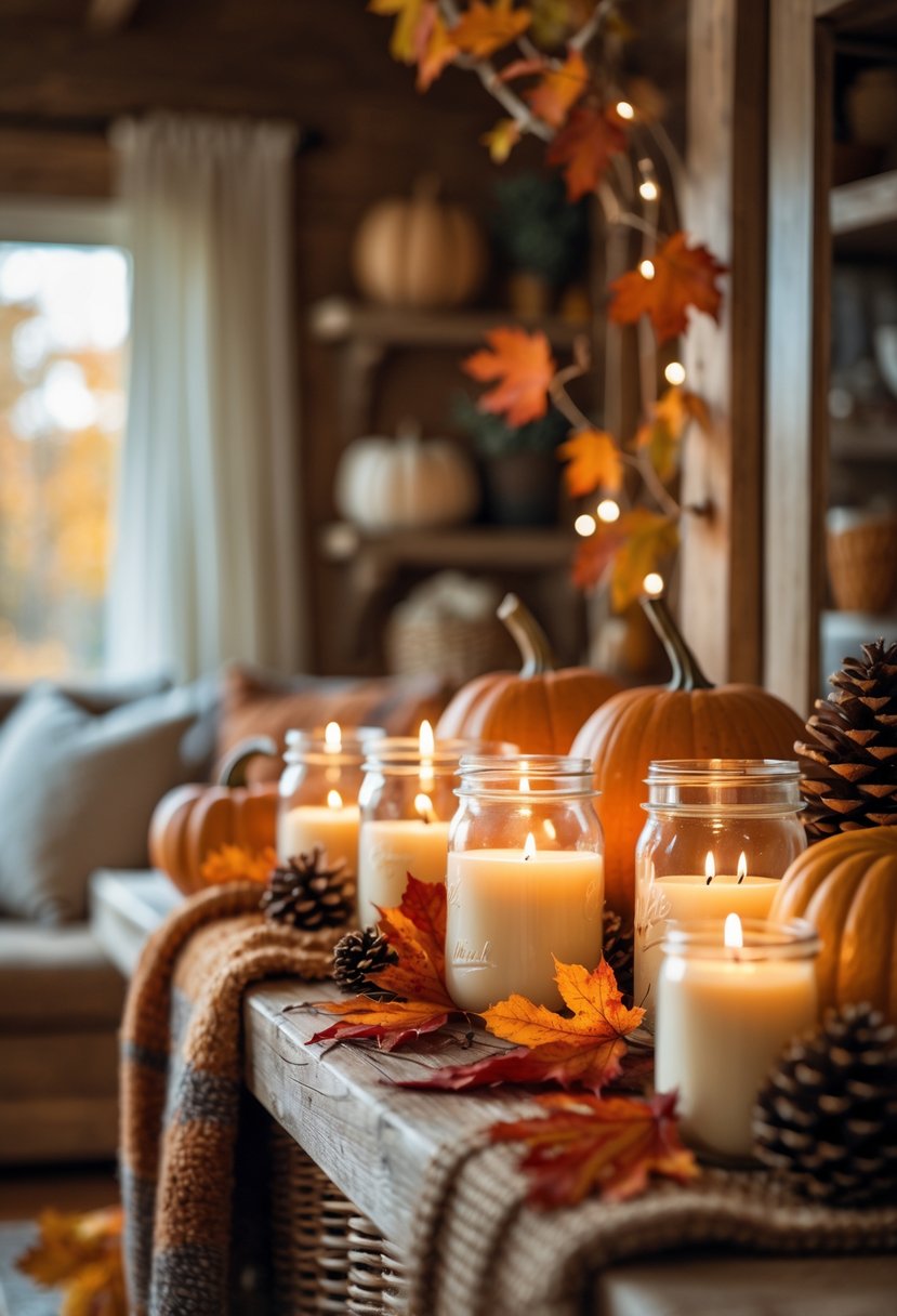 A warm fall home setting with candles in mason jars providing soft light surrounded by autumn decorations like pumpkins and leaves on a wooden surface.