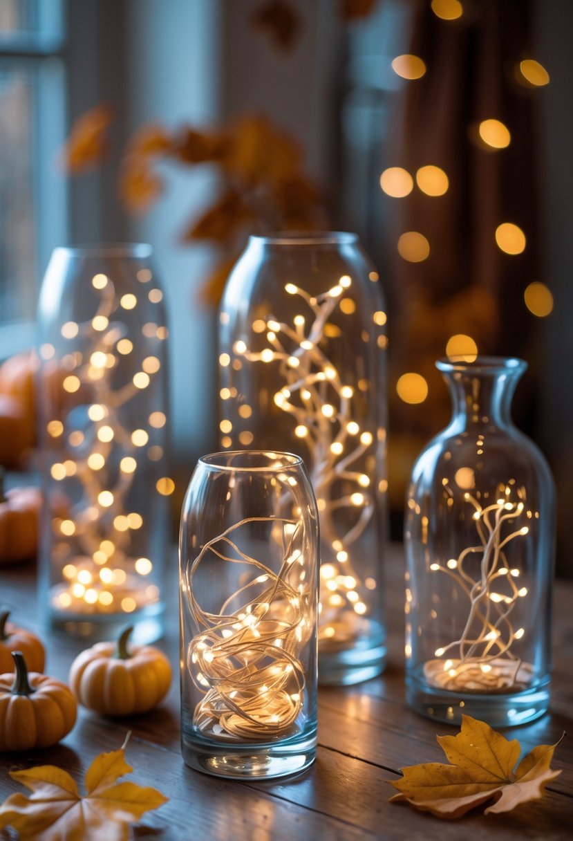 Glass vases filled with glowing string lights arranged on a wooden table with autumn decorations in the background.