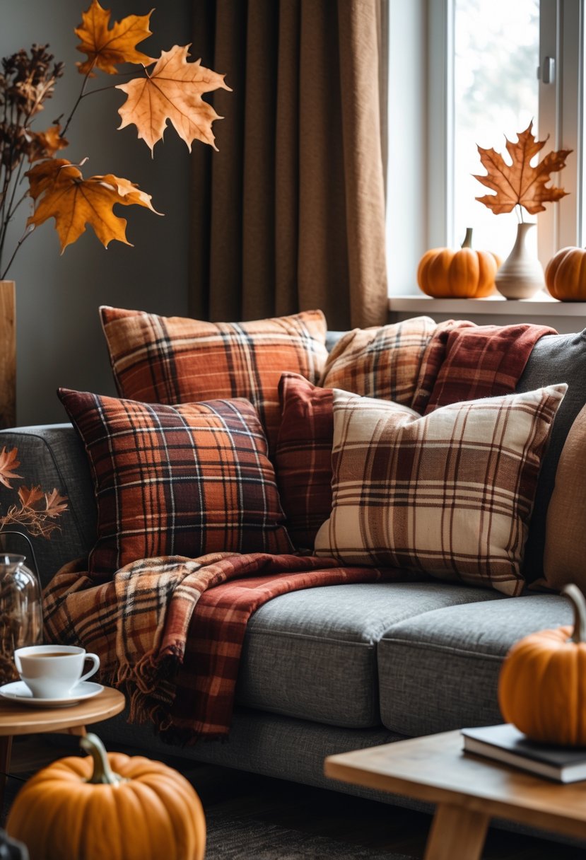 A living room with a sofa decorated with plaid and tartan cushions and throws, surrounded by autumn-themed decor.