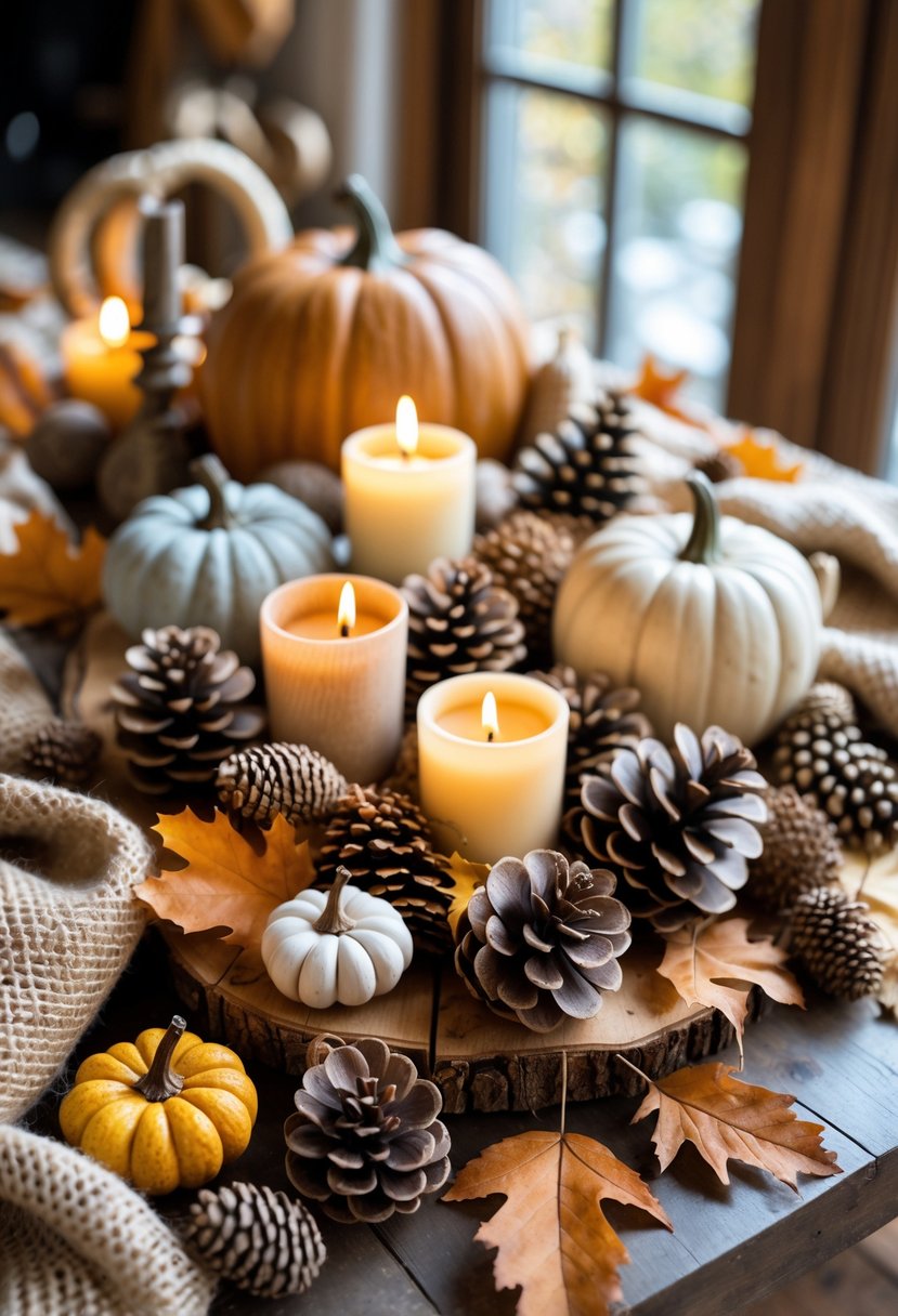 A cozy fall home decor arrangement with pinecones, acorns, pumpkins, candles, and autumn leaves on a wooden table.
