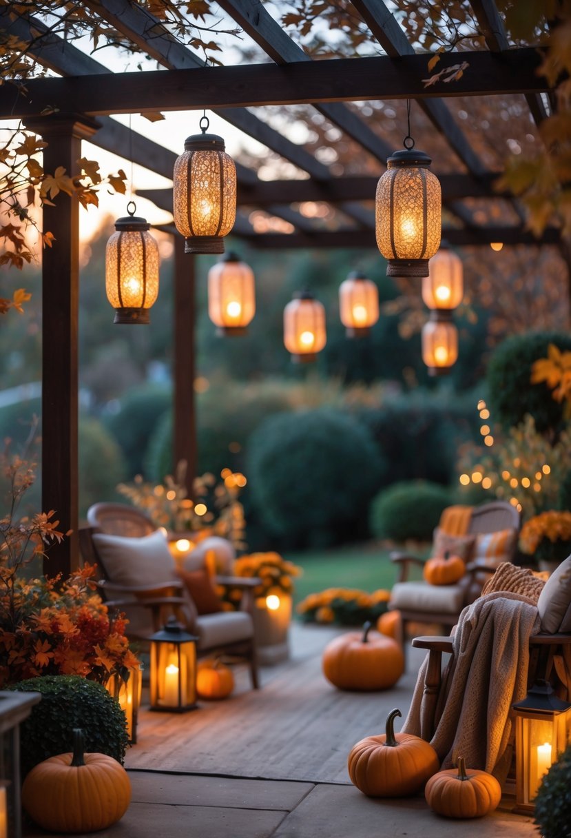 Outdoor fall scene with hanging lanterns glowing warmly among autumn leaves and pumpkins.