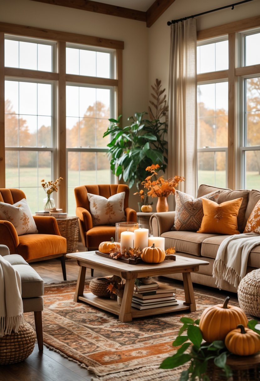 A cozy living room with orange, brown, and green furnishings decorated with pumpkins, autumn leaves, and plants.