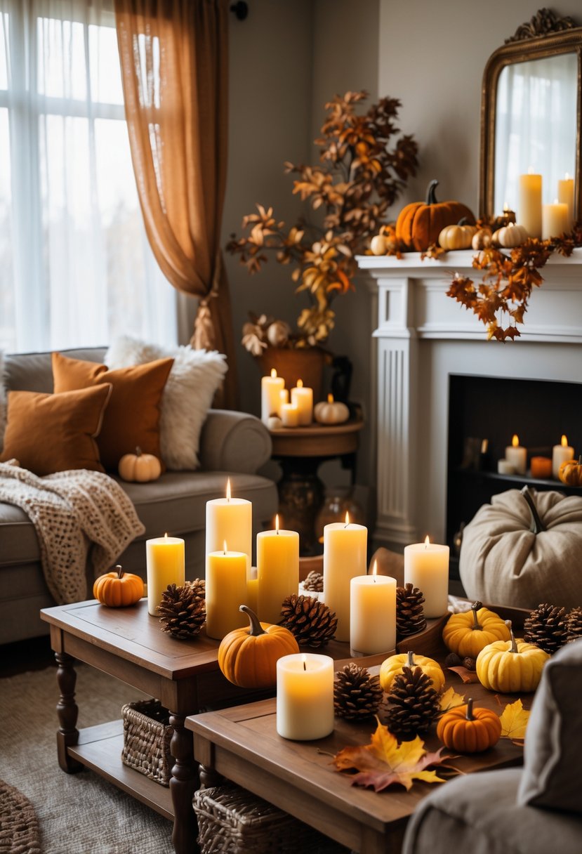 A cozy living room with fall-scented candles placed on tables and a mantel, surrounded by autumn decorations like pumpkins and pinecones.