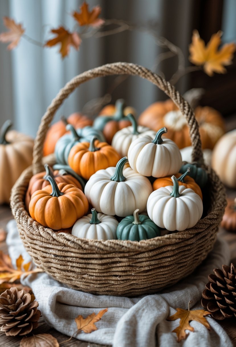A basket filled with mini decorative pumpkins on a wooden table surrounded by autumn leaves and pinecones.