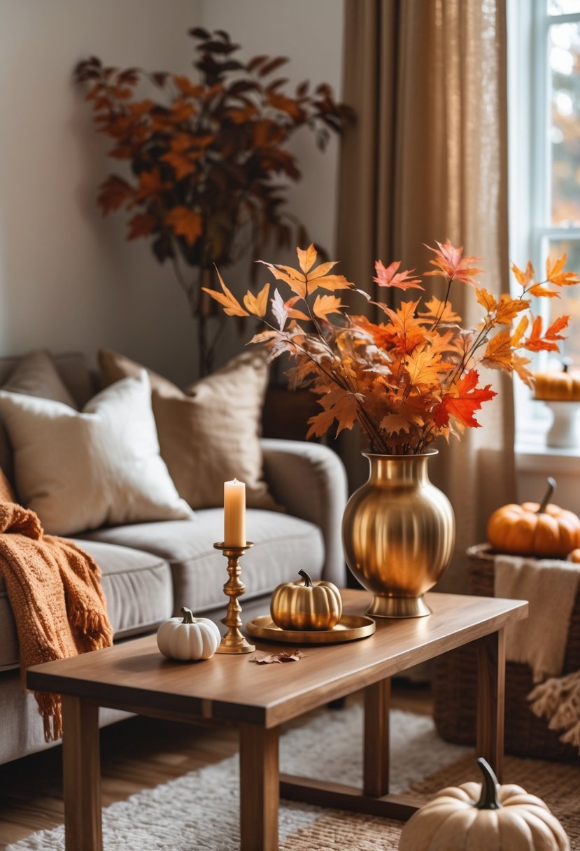 A cozy living room decorated with brass and gold-toned accents, autumn leaves, and fall-themed decor.
