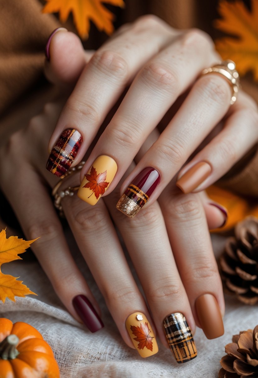 Close-up of hands showing twenty different autumn-themed nail designs with fall colors and patterns.