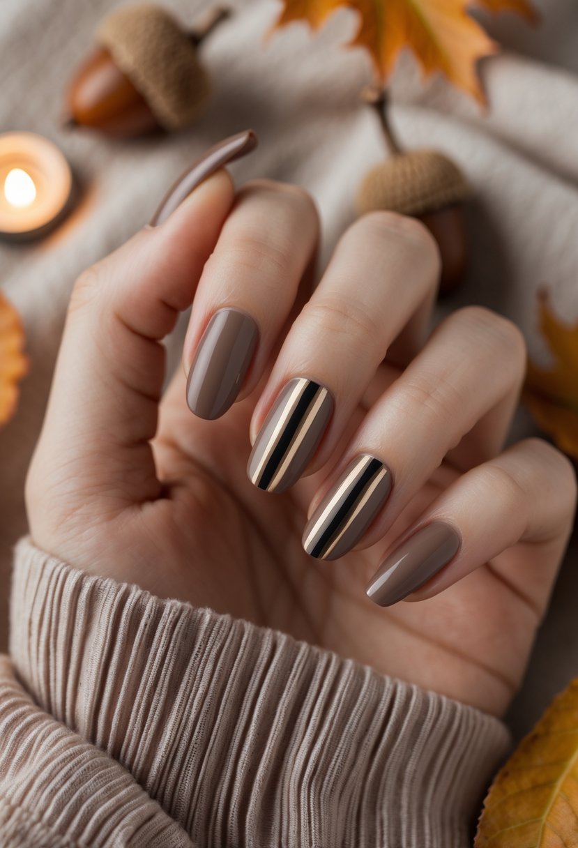 Close-up of a hand with warm taupe nails featuring metallic stripes, resting on a neutral background with autumn leaves.