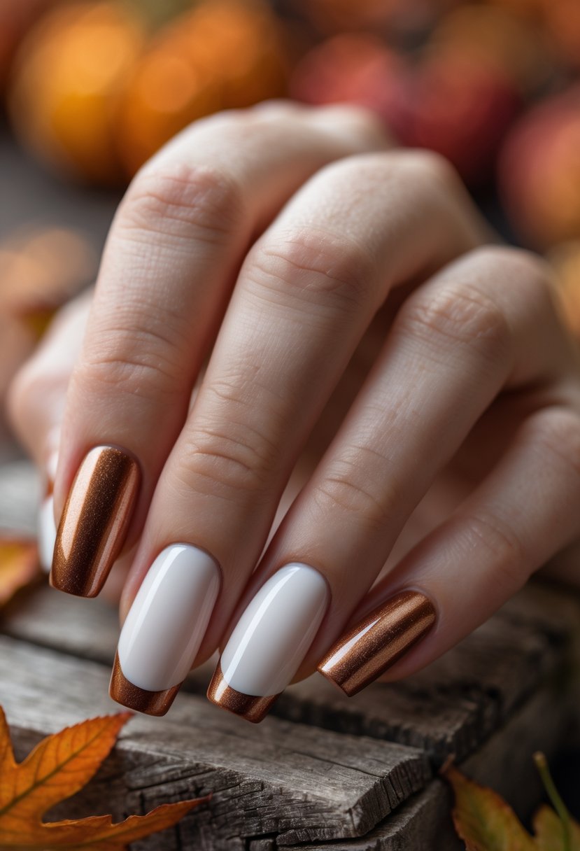 Close-up of hands with neatly manicured nails featuring bronze-tipped French manicure resting on a wooden surface with autumn leaves.