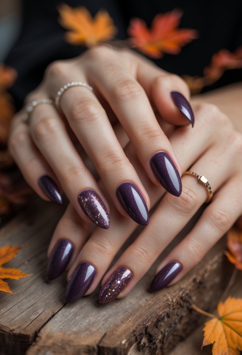 Close-up of hands with smoky plum nails and shimmering accents resting on a wooden surface with autumn leaves.