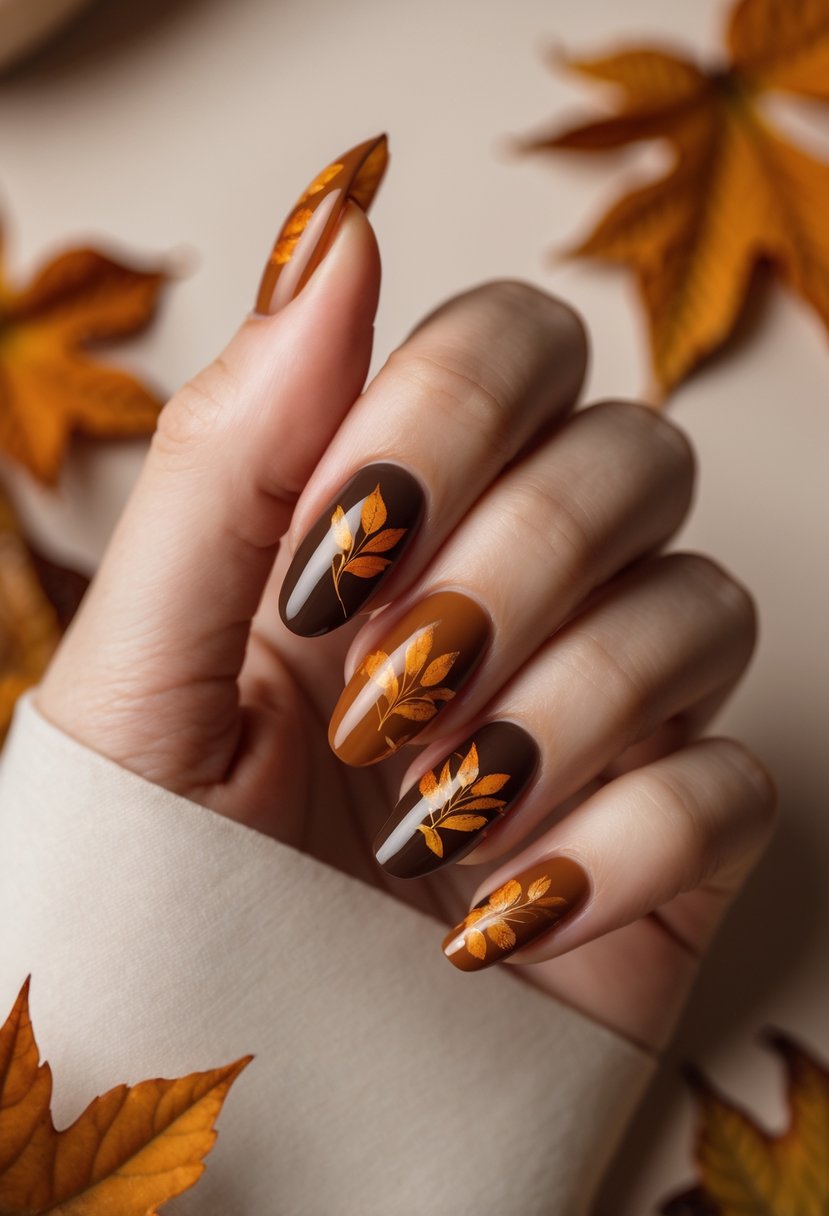 A close-up of a hand with caramel-colored nails featuring leaf designs, surrounded by autumn leaves.