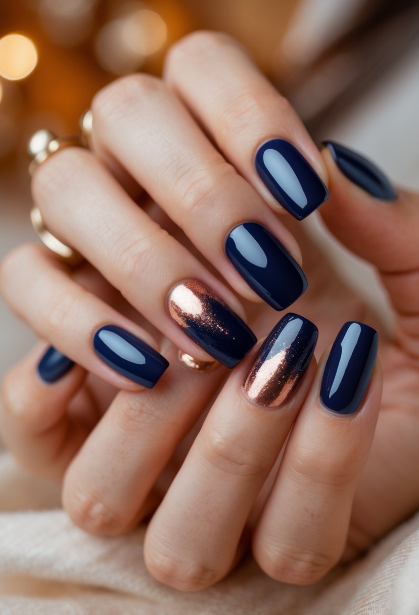 Close-up of hands with navy blue and copper shimmer nail polish in an autumn setting.