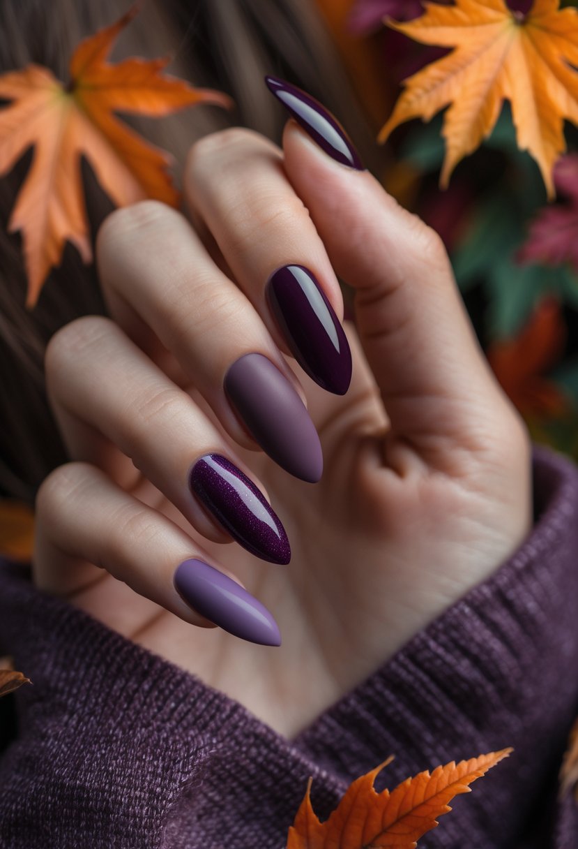 Close-up of hands with moody plum and burgundy fall-colored nails holding autumn leaves.