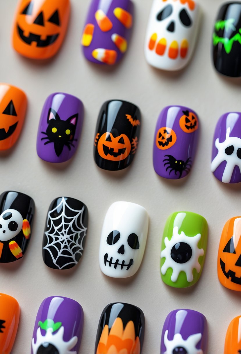 Eighteen different Halloween-themed nail designs featuring pumpkins, ghosts, bats, spider webs, and other spooky motifs displayed on a neutral background.