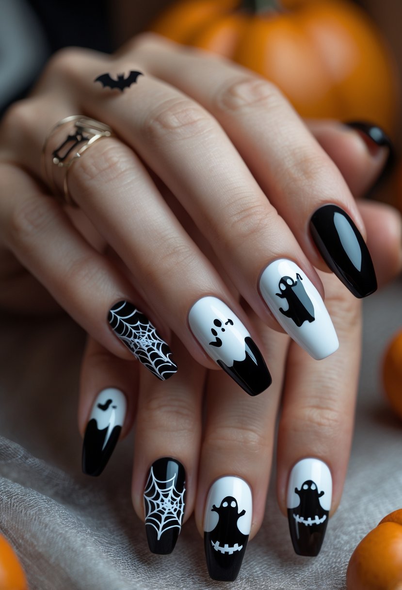 Close-up of hands showing 18 different Halloween-themed nails with ghost silhouettes and spooky decorations.