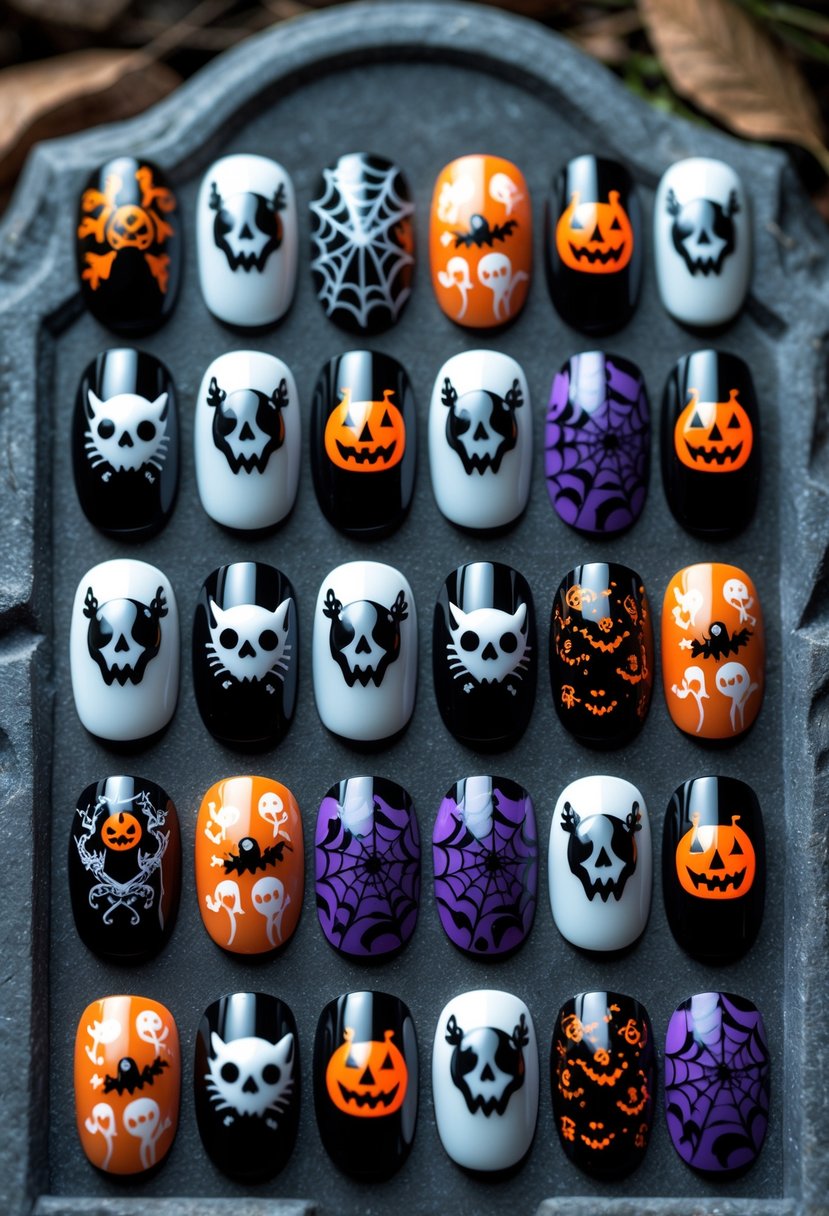 Close-up of eighteen Halloween-themed nail designs displayed on a dark tombstone surface.