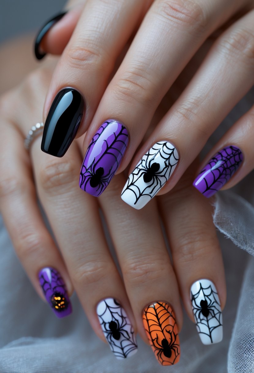 Close-up of hands with Halloween-themed nail designs featuring spiders and webs.
