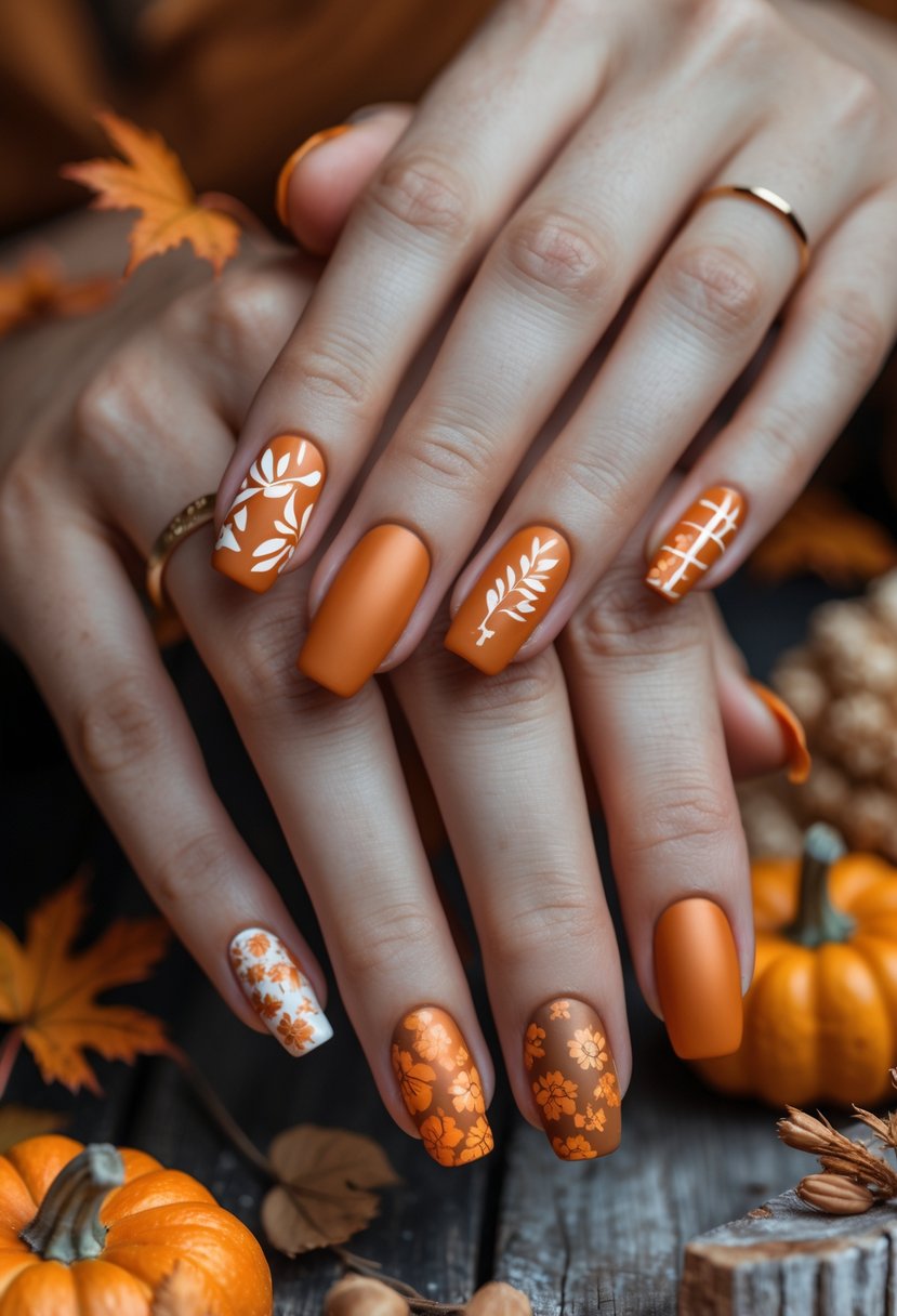 Hands with matte pumpkin orange nail designs surrounded by autumn leaves and small pumpkins.