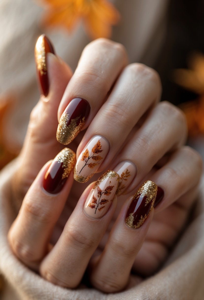 Close-up of hands with glittery gold-tipped nails in autumn colors and leaf designs.