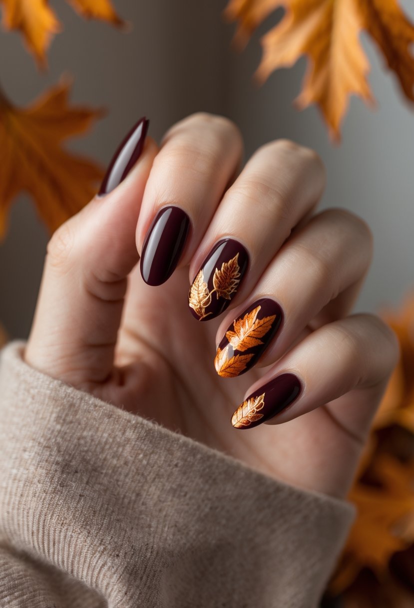 A close-up of a hand with deep burgundy nails decorated with autumn leaf patterns.