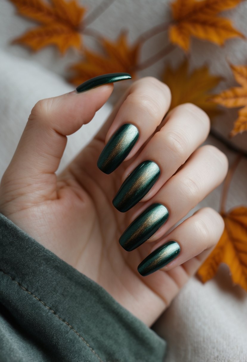 Close-up of a hand with dark green nails featuring metallic highlights, surrounded by autumn leaves.