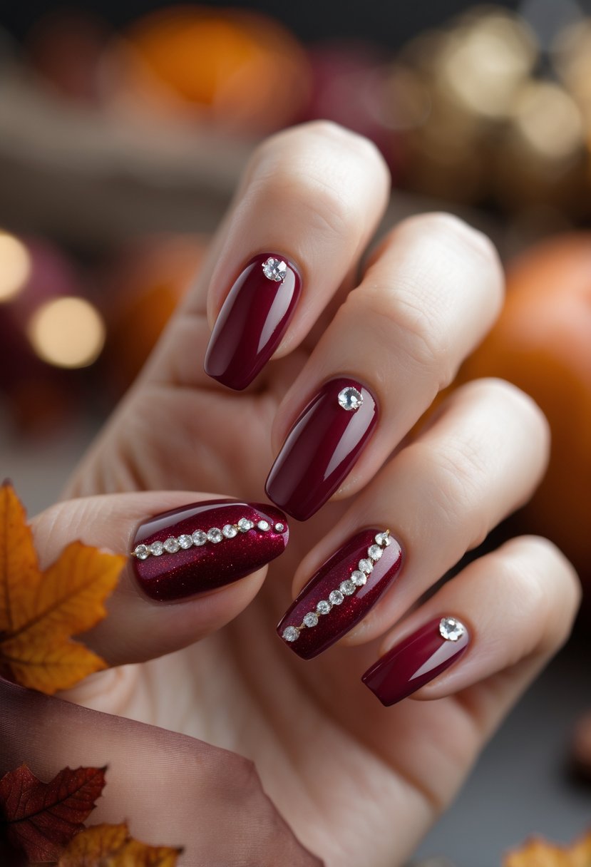 Close-up of a hand with glossy cranberry-colored nails decorated with small rhinestones.